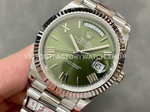 QF Factory Counterweight Rolex Day-Date 228239-0033 40mm Full White Gold Roman Numerals Olive Green Dial