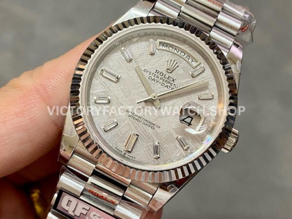 QF Factory Counterweight Rolex Day-Date 228239-0055 40mm Full White Gold Baguette Diamond Meteorite Dial