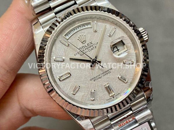 QF Factory Counterweight Rolex Day-Date 228239-0055 40mm Full White Gold Baguette Diamond Meteorite Dial