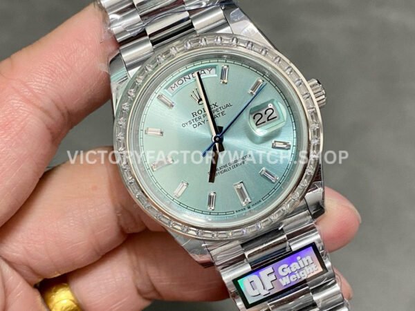QF Factory Counterweight Rolex Day-Date 228396TBR-0002 40mm Full Platinum Baguette Diamond Blue Dial