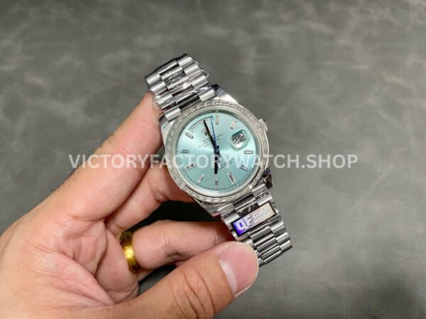 QF Factory Counterweight Rolex Day-Date 228396TBR-0002 40mm Full Platinum Baguette Diamond Blue Dial