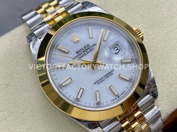 VS Factory Counterweight Rolex Datejust 126303-0016 41mm Yellow Gold Smooth Bezel Half Yellow Gold White Dial Jubilee
