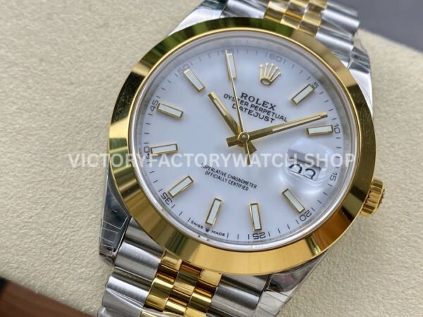VS Factory Counterweight Rolex Datejust 126303-0016 41mm Yellow Gold Smooth Bezel Half Yellow Gold White Dial Jubilee