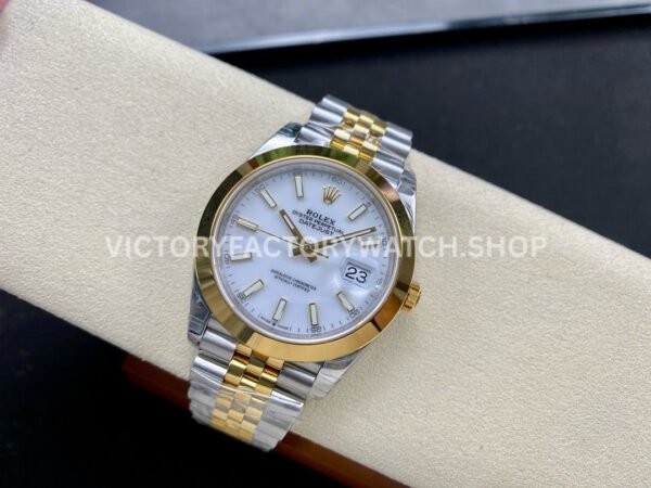 VS Factory Counterweight Rolex Datejust 126303-0016 41mm Yellow Gold Smooth Bezel Half Yellow Gold White Dial Jubilee