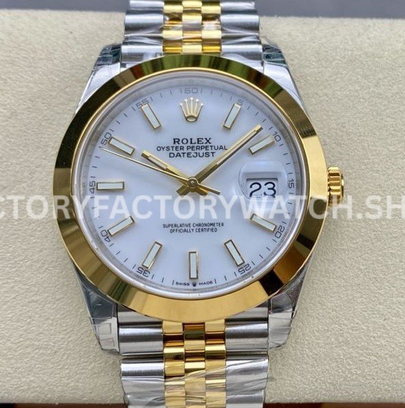 VS Factory Rolex Datejust 126303-0016 41mm Yellow Gold Smooth Bezel Half Yellow Gold White Replica Watch