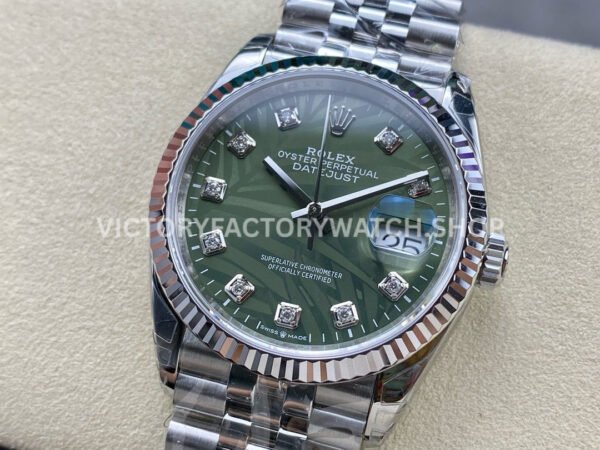 VS Factory Rolex Datejust 126234-0055 36mm Full 904L Diamond Olive Green Palm Motif Dial Jubilee (1) VS Factory Rolex Datejust 126234-0055 36mm Full 904L Diamond Olive Green Palm Motif Dial Jubilee