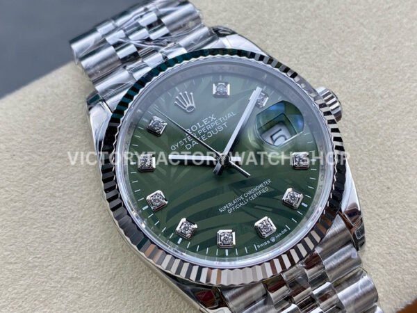 VS Factory Rolex Datejust 126234-0055 36mm Full 904L Diamond Olive Green Palm Motif Dial Jubilee (3) VS Factory Rolex Datejust 126234-0055 36mm Full 904L Diamond Olive Green Palm Motif Dial Jubilee