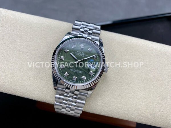 VS Factory Rolex Datejust 126234-0055 36mm Full 904L Diamond Olive Green Palm Motif Dial Jubilee (4) VS Factory Rolex Datejust 126234-0055 36mm Full 904L Diamond Olive Green Palm Motif Dial Jubilee