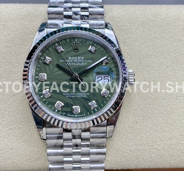 VS Factory Rolex Datejust 126234-0055 36mm Full 904L Diamond Olive Green Palm Motif Dial Jubilee (9) Rolex Datejust 126234-0055 36mm luxury style watch