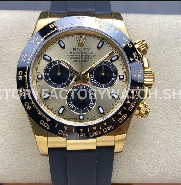 VS Factory Rolex Daytona 116518LN-0048 40mm Yellow Gold Oysterflex Black Eye Gold Dial Replica Watch