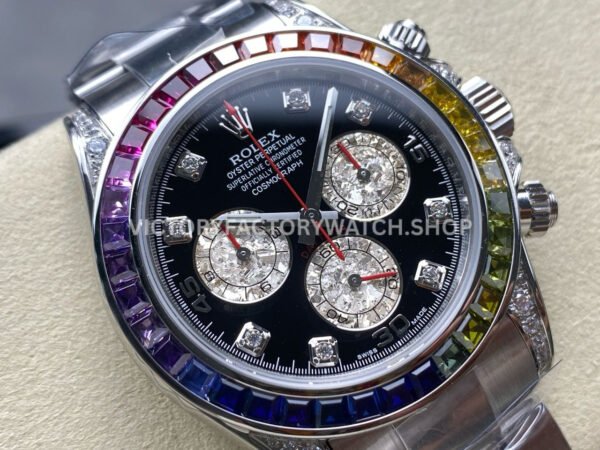 ZF Factory Rolex Daytona 116599RBOW 40mm White Gold Black Dial (1) ZF Factory Rolex Daytona 116599RBOW 40mm White Gold Rainbow Bezel Diamond Black Dial
