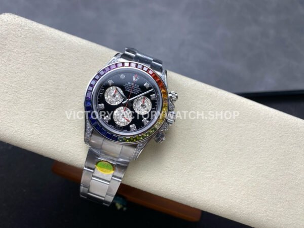 ZF Factory Rolex Daytona 116599RBOW 40mm White Gold Black Dial (3) ZF Factory Rolex Daytona 116599RBOW 40mm White Gold Rainbow Bezel Diamond Black Dial