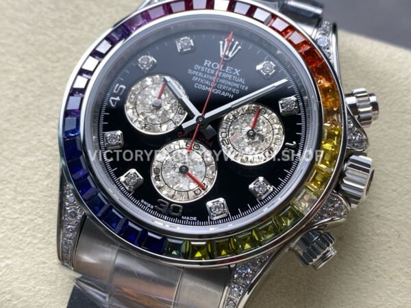 ZF Factory Rolex Daytona 116599RBOW 40mm White Gold Black Dial (5) ZF Factory Rolex Daytona 116599RBOW 40mm White Gold Rainbow Bezel Diamond Black Dial