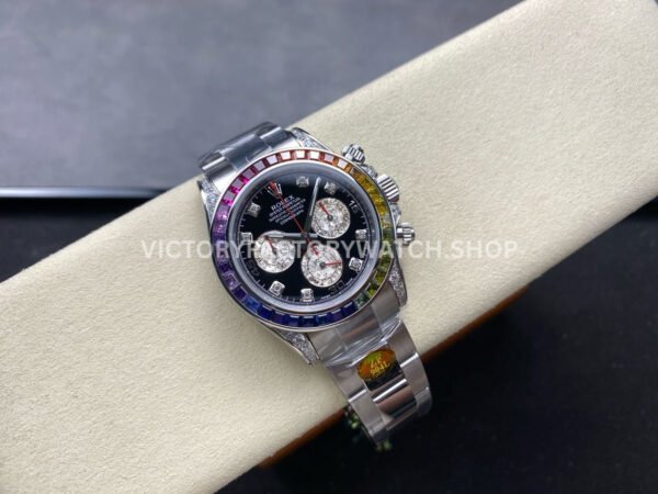 ZF Factory Rolex Daytona 116599RBOW 40mm White Gold Black Dial (7) ZF Factory Rolex Daytona 116599RBOW 40mm White Gold Rainbow Bezel Diamond Black Dial