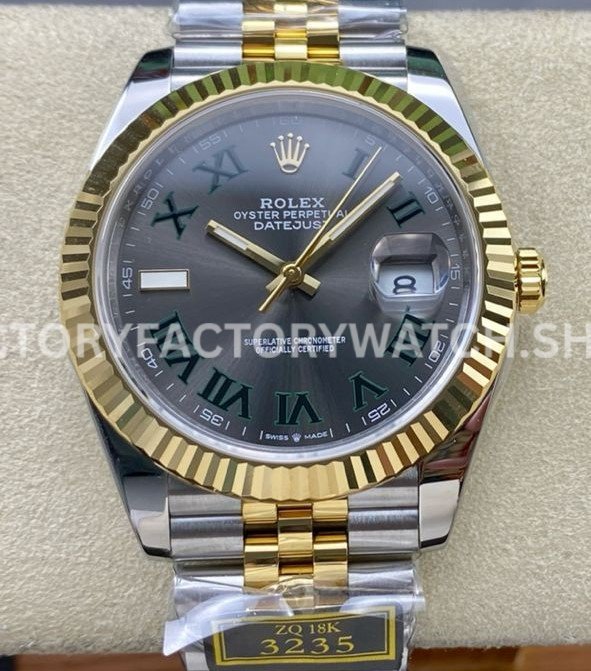 ZQ Factory Rolex Datejust 126333-0020 41mm Half Yellow Gold Roman Numerals Wimbledon Grey Dial Jubilee