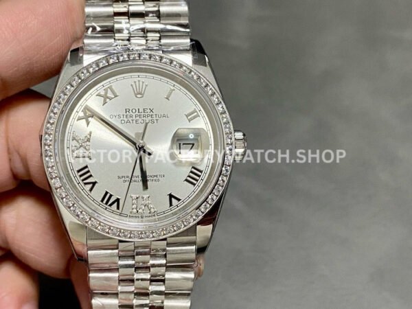 A+ Factory Rolex Datejust 126284RBR-0021 36mm Diamond Bezel Full 904L Roman Numerals Diamond Silver ( Datejust 126284RBR diamond bezel 36mm replica watch