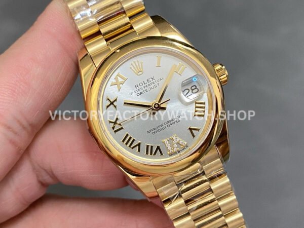 A+ Factory Rolex Datejust 278248 31mm Full Yellow Gold Roman Numerals Diamond Silver Dial