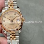 Stylish Rolex Datejust replica featuring MOP pink dial, two tone rose gold finish and classic Jubilee bracelet.