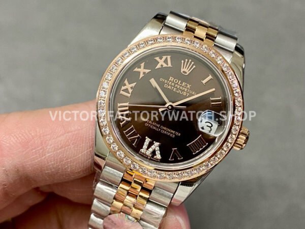 A+ Factory Rolex Datejust 278381RBR-0006 31mm Diamond Bezel Half Rose Gold Roman Number Diamond Brown Dial Jubilee