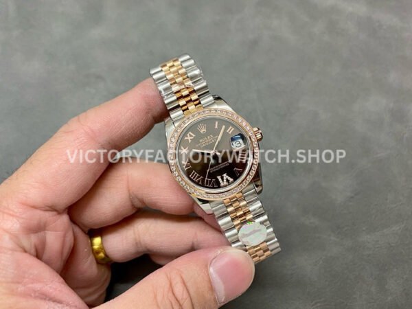 A+ Factory Rolex Datejust 278381RBR-0006 31mm Diamond Bezel Half Rose Gold Roman Number Diamond Brown Dial Jubilee