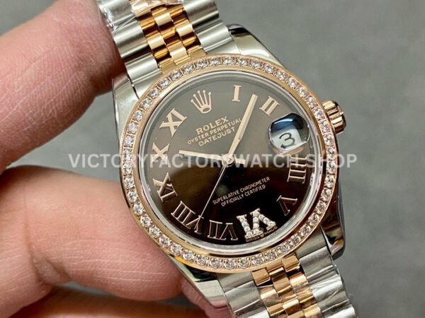 A+ Factory Rolex Datejust 278381RBR-0006 31mm Diamond Bezel Half Rose Gold Roman Number Diamond Brown Dial Jubilee