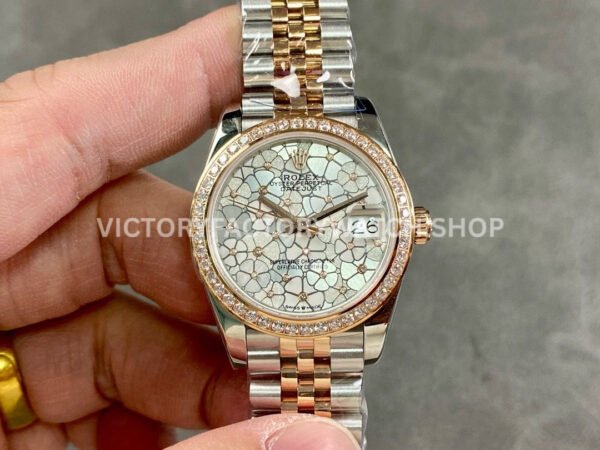 A+ Factory Rolex Datejust 278381RBR-0032 31mm Diamond Bezel Half Rose Gold Silver Floral-Mot ( (5) Rolex 278381RBR floral dial diamond bezel 31mm replica