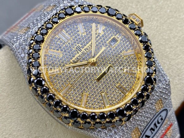 AMG Factory Audemars Piguet Royal Oak 15400 41mm Yellow Gold Black Diamond Bezel Diamond Baguette Dial