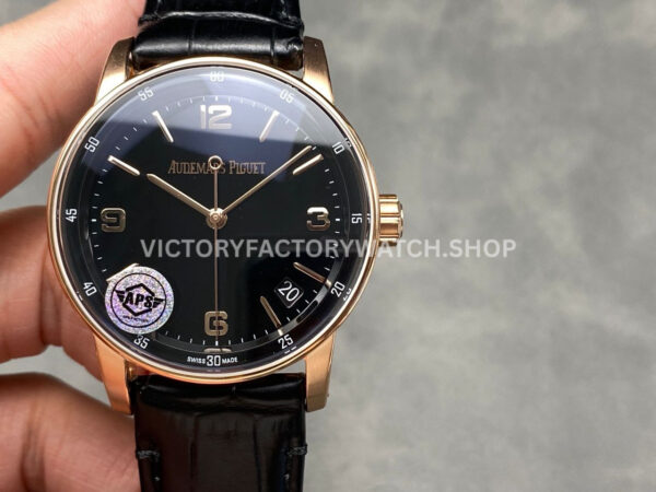 APS Factory Audemars Piguet Code 11.59 15210OR.OO.A002CR.01 41mm Steel Leather Strap Arabic Numerals Black Dial (1) APS 15210OR black Arabic dial rose gold leather strap Code 11.59 41mm