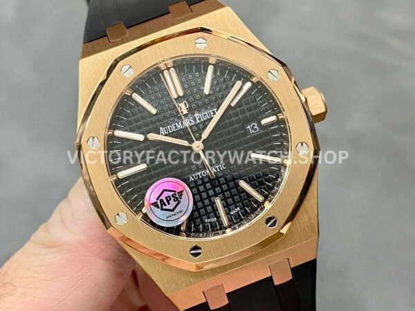 APS Factory Counterweight Audemars Piguet Royal Oak Selfwinding 41mm 15400 Rose Gold Rubber Strap Black Dial