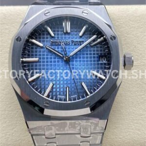 APW 15510BC light blue dial with full steel case and bracelet. Fresh tone with clean layout and a modern Royal Oak wrist presence.