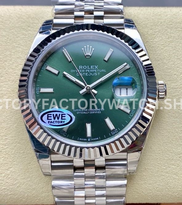 EWE Factory Rolex Datejust 126334-0028 41mm White Gold Green Mint Dial Jubilee