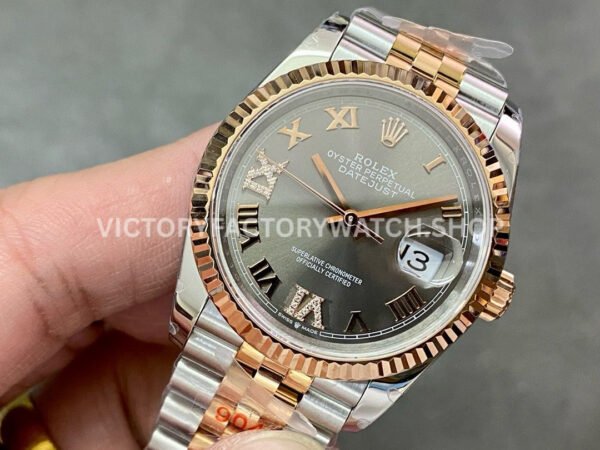 GM Factory Rolex Datejust 126231-0023 36mm Half Rose Gold Diamond Roman Numerals Grey Dial Jubilee
