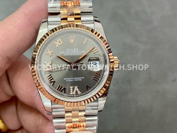 GM Factory Rolex Datejust 126231-0023 36mm Half Rose Gold Diamond Roman Numerals Grey Dial Jubilee Super clone