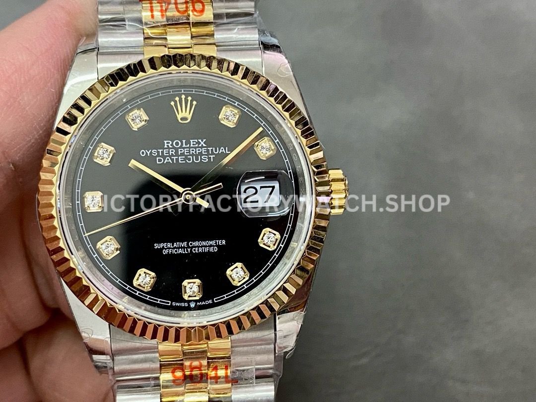 GM Factory Rolex Datejust 126233-0021 36mm Half Yellow Gold Diamond Mop Black Dial Jubilee Super clone