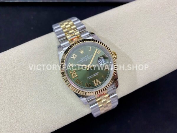 GM Factory Rolex Datejust 126233-0025 36mm Half Yellow Gold Diamond Roman Numerals Green Dial Jubilee