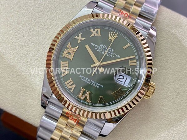 GM Factory Rolex Datejust 126233-0025 36mm Half Yellow Gold Diamond Roman Numerals Green Dial Jubilee