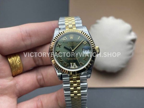GS Factory Rolex Datejust 278273 olive green Roman diamond dial 31mm half yellow gold Jubilee