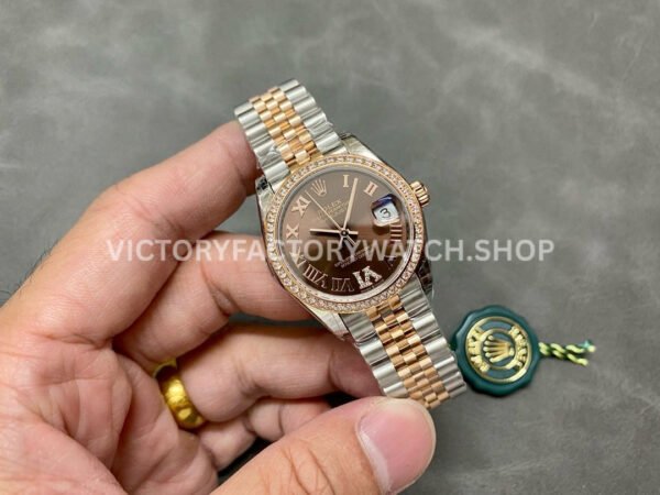 GS Factory Rolex Datejust 278381RBR-0006 31mm Diamond Bezel Half Rose Gold Roman Number Diamond Brown Dial Jubilee