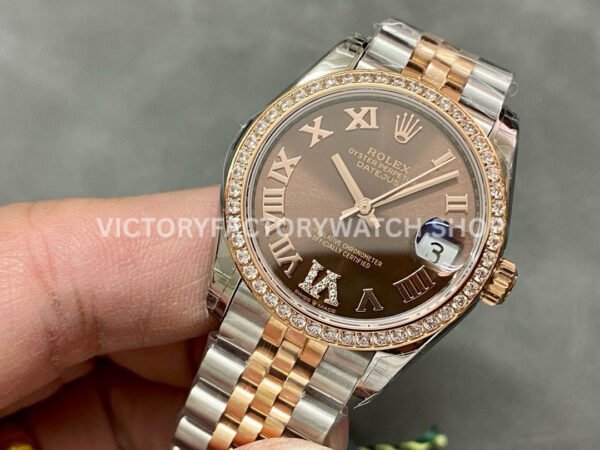 GS Factory Rolex Datejust 278381RBR-0006 31mm Diamond Bezel Half Rose Gold Roman Number Diamond Brown Dial Jubilee