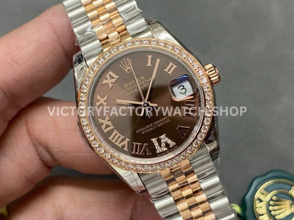 GS Factory Rolex Datejust 278381RBR-0006 31mm Diamond Bezel Half Rose Gold Roman Number Diamond Brown Dial Jubilee
