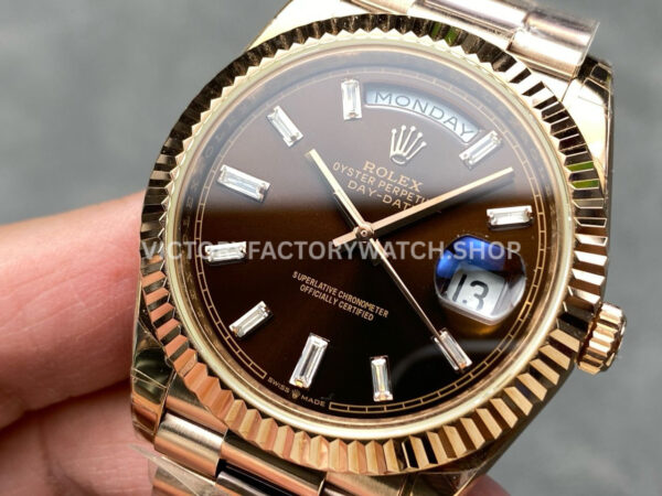 KF Factory Counterweight Rolex Day-Date 228235-0003 40mm Full Rose Gold Diamond Baguette Brown Dial