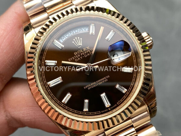 KF Factory Counterweight Rolex Day-Date 228235-0003 40mm Full Rose Gold Diamond Baguette Brown Dial