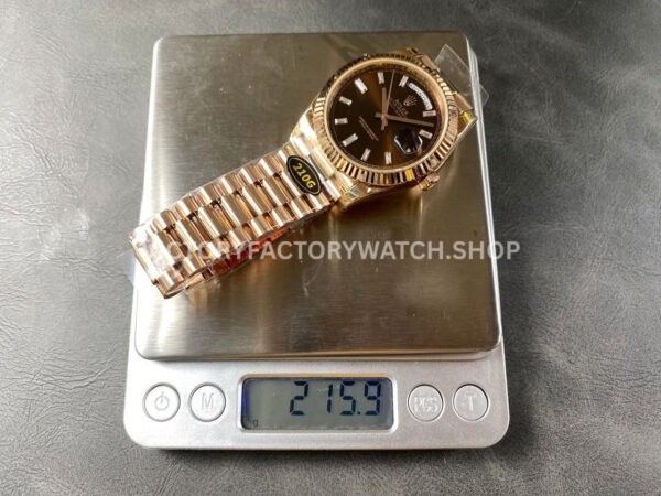KF Factory Counterweight Rolex Day-Date 228235-0003 40mm Full Rose Gold Diamond Baguette Brown Dial