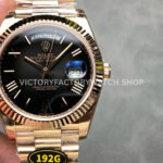 KF Factory Day-Date 228235 with slate ombre black dial and Roman numerals in full rose gold case.