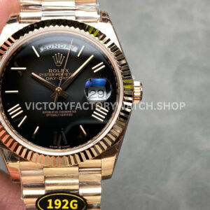 KF Factory Day-Date 228235 with slate ombre black dial and Roman numerals in full rose gold case.