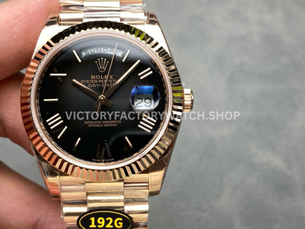 KF Factory Day-Date 228235 with slate ombre black dial and Roman numerals in full rose gold case.