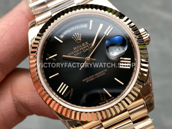 KF Factory Counterweight Rolex Day-Date 228235-0055 40mm Full Rose Gold Roman Numerals Slate Ombré Black Dial