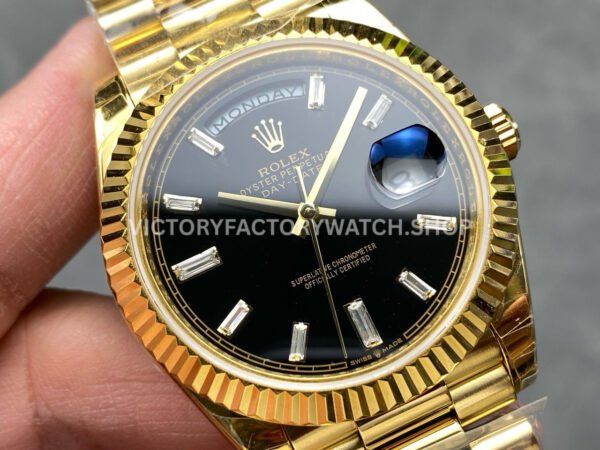 KF Factory Counterweight Rolex Day-Date 228238-0004 40mm Full Yellow Gold Diamond Baguette Black Dial