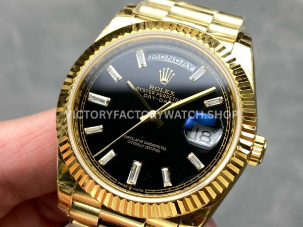 KF Factory Counterweight Rolex Day-Date 228238-0004 40mm Full Yellow Gold Diamond Baguette Black Dial