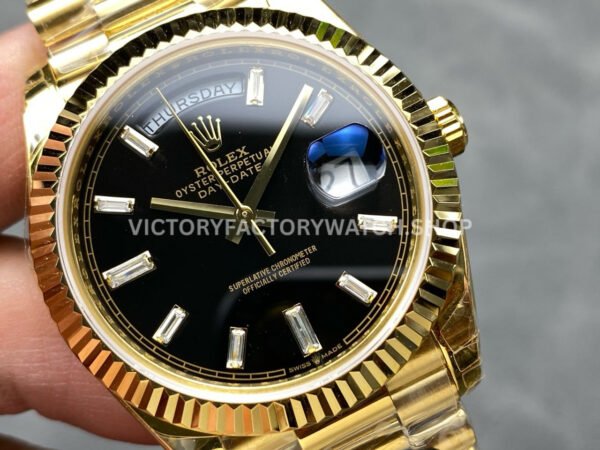KF Factory Counterweight Rolex Day-Date 228238-0004 40mm Full Yellow Gold Diamond Baguette Black Dial